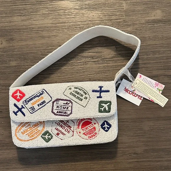 TJ Maxx White Beaded Passport Stamp Crossbody Bag - NWT - Picture 1 of 3
